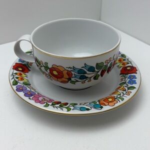 Vintage Kalocsa handpainted porcelain coffee / tea cup with retro floral design